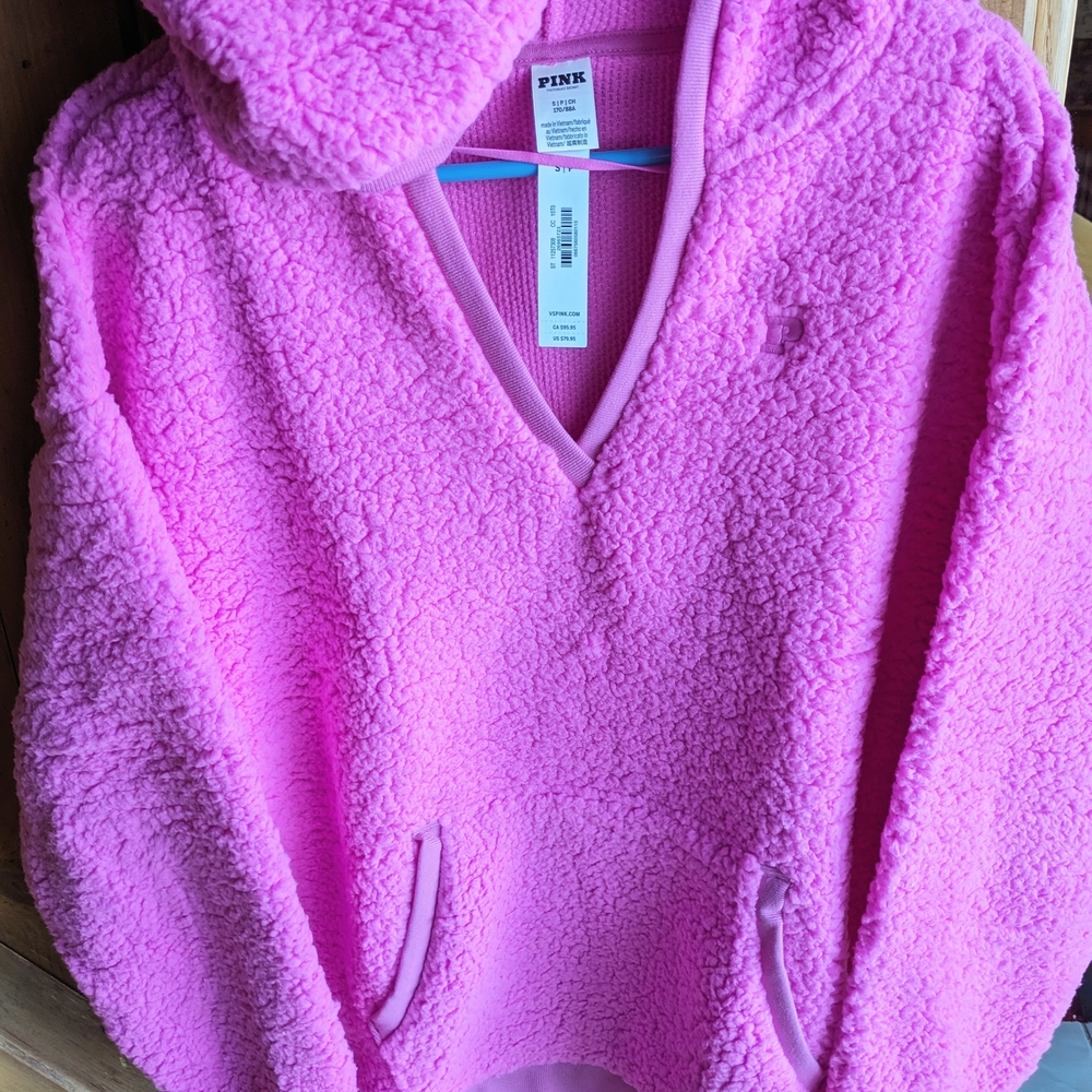 Victoria Secret PINK Oversized Cozy Pullover Fleece Hoodie (S) Pink Berry Color